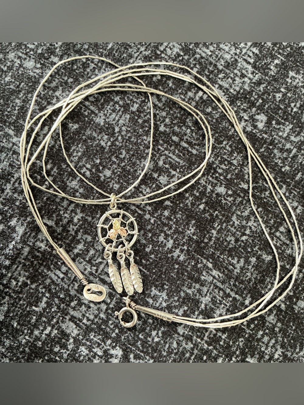 Black Hills Gold 925 12K Pendant on Vintage 3 Strand Liquid Silver Chain